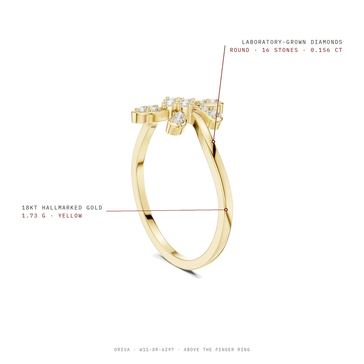 Above The Finger Ring: 16 round laboratory-grown diamonds 0.156 ct, 18KT hallmarked gold 1.73 g