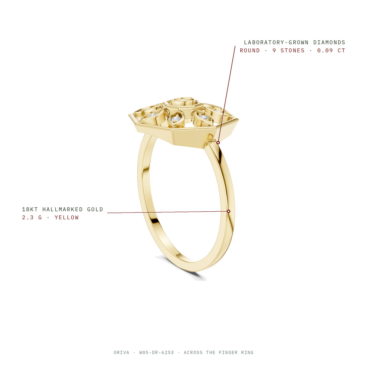 Across The Finger Ring: 9 round laboratory-grown diamonds 0.09 ct, 18KT hallmarked gold 2.3 g