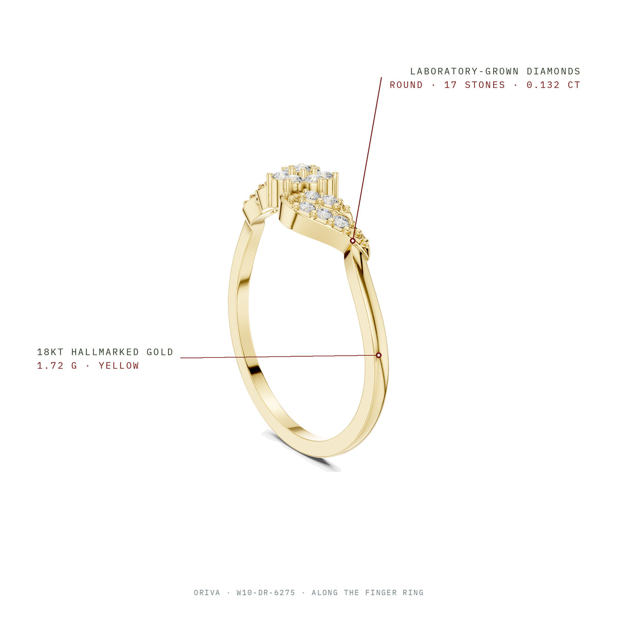 Along The Finger Ring: 17 round laboratory-grown diamonds 0.132 ct, 18KT hallmarked gold 1.72 g