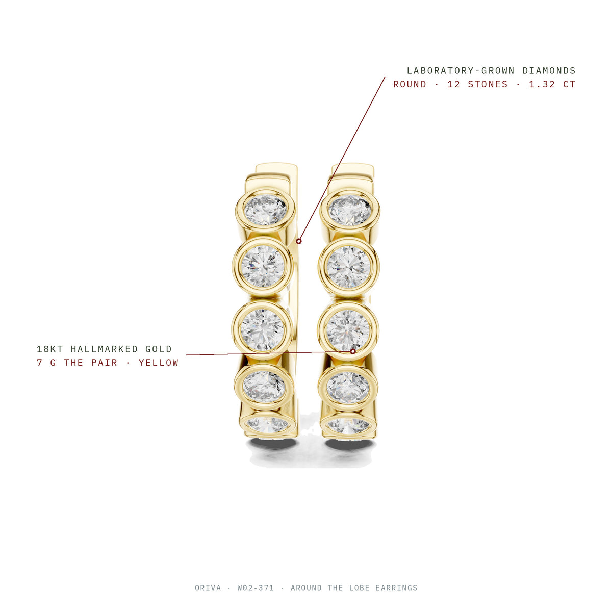 Around The Lobe Earrings: 12 round laboratory-grown diamonds 1.32 ct, 18KT hallmarked gold 7 g