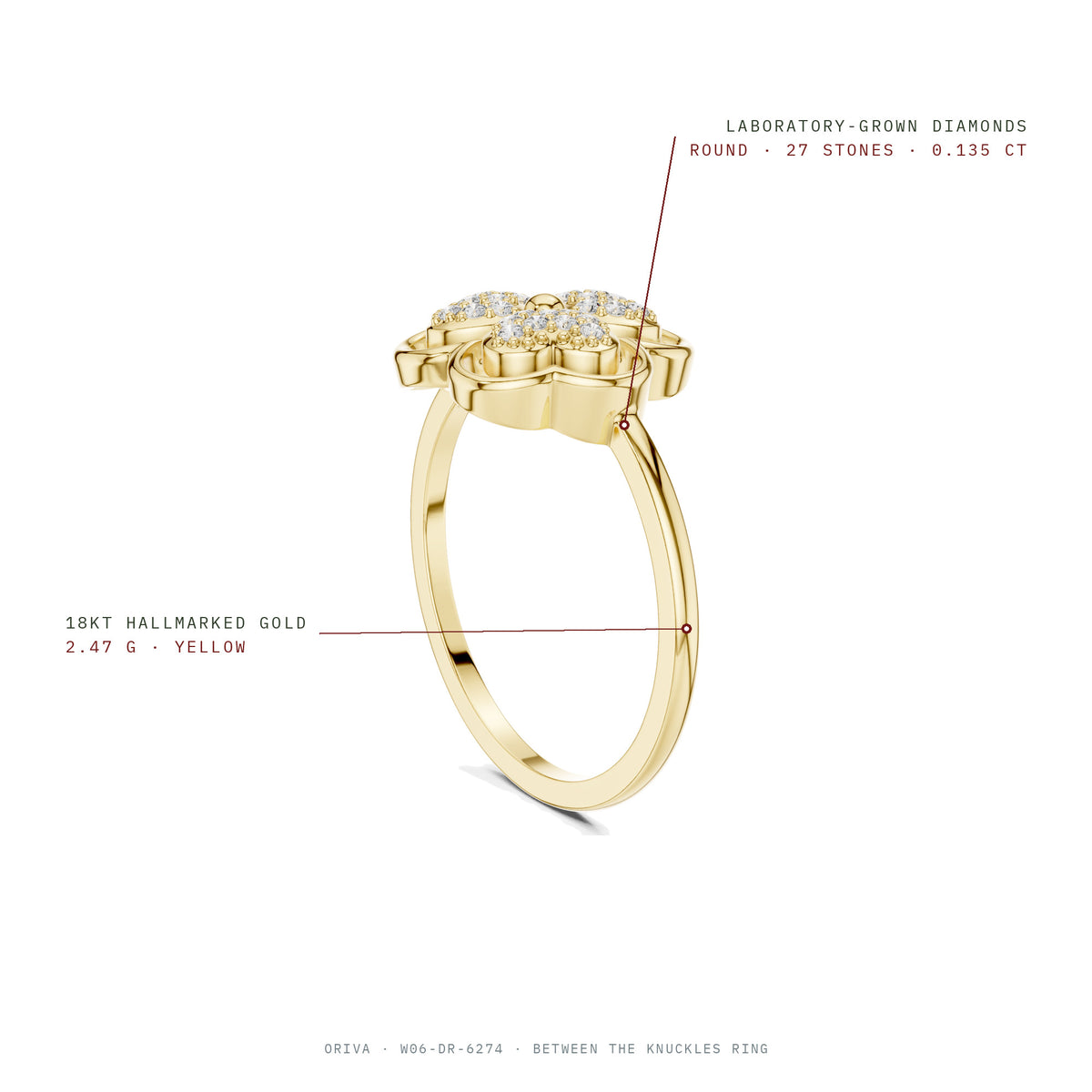Between The Knuckles Ring: 27 round laboratory-grown diamonds 0.135 ct, 18KT hallmarked gold 2.47 g