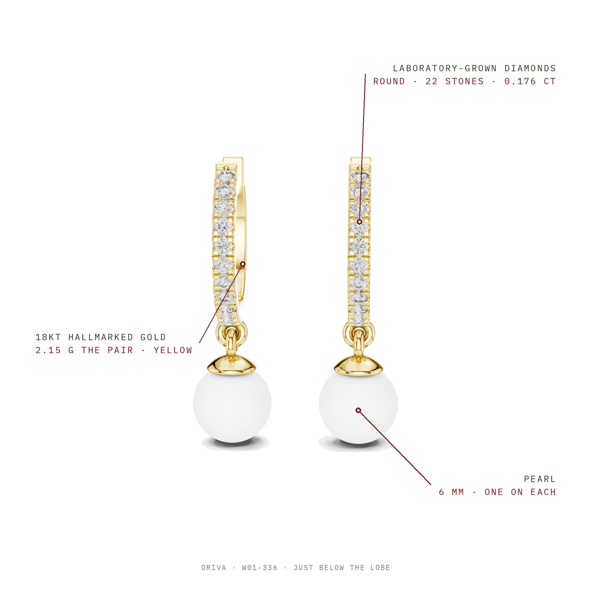 Just Below The Lobe Earrings: 22 round laboratory-grown diamonds 0.176 ct, 18KT hallmarked gold 2.15 g, 6 mm pearls