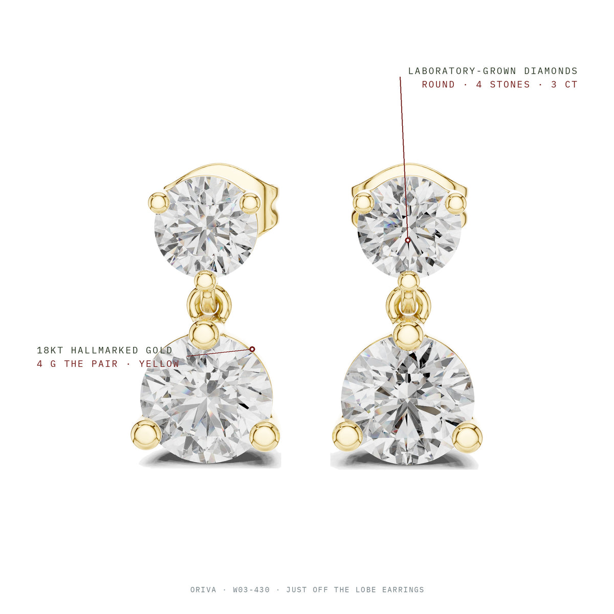 Just Off The Lobe Earrings: 4 round laboratory-grown diamonds 3 ct, 18KT hallmarked gold 4 g