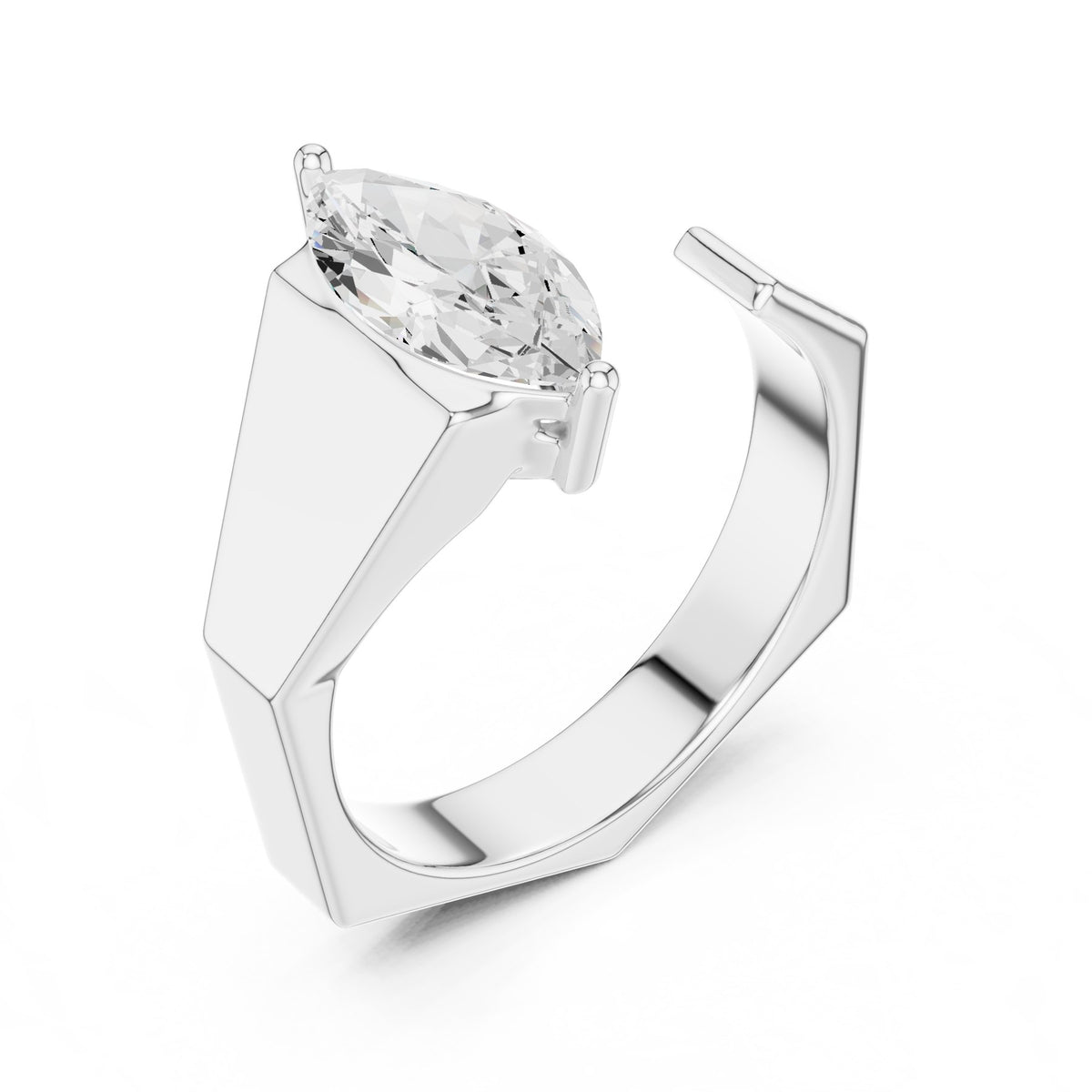 Laid Across The Finger Ring in white gold, angled view