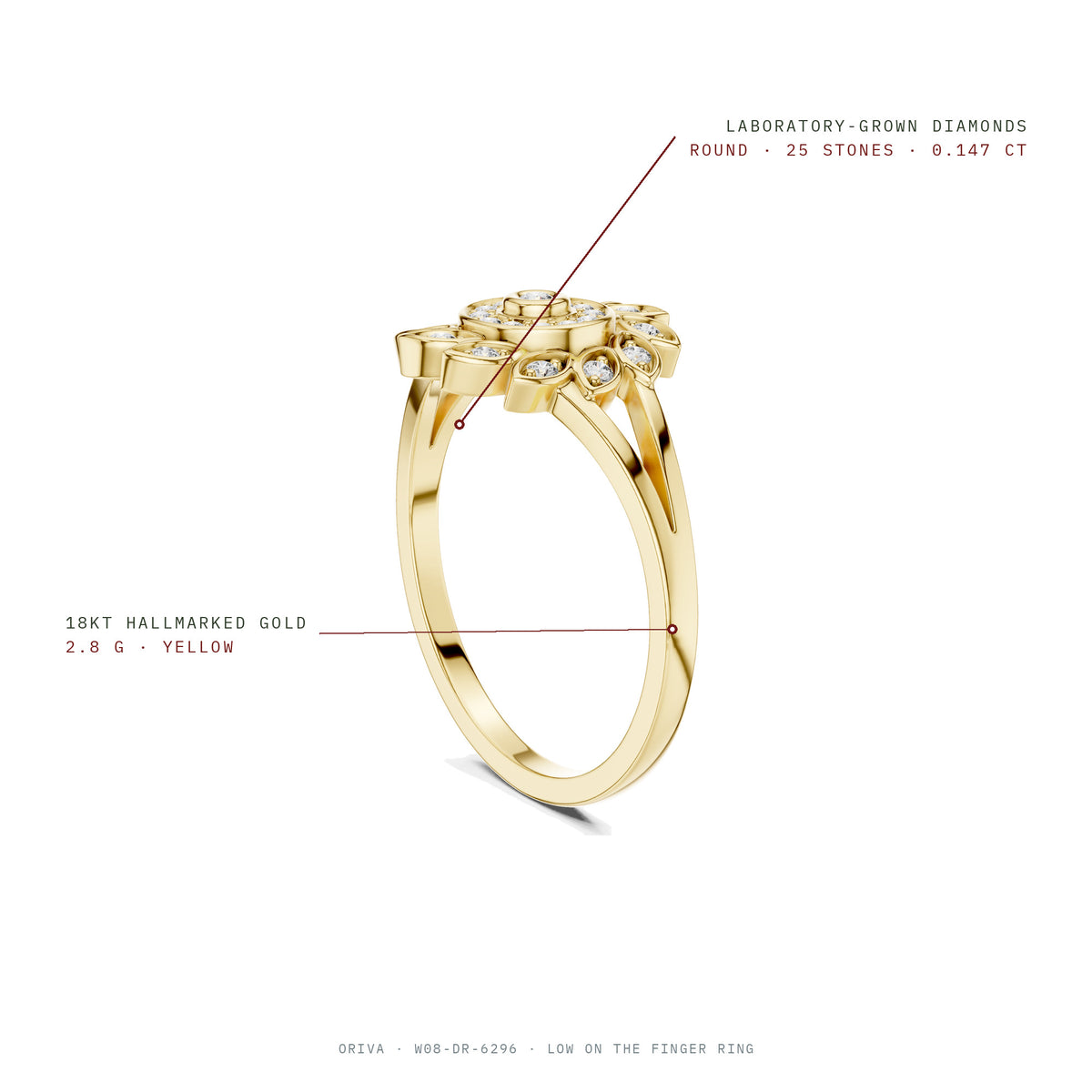 Low On The Finger Ring: 25 round laboratory-grown diamonds 0.147 ct, 18KT hallmarked gold 2.8 g