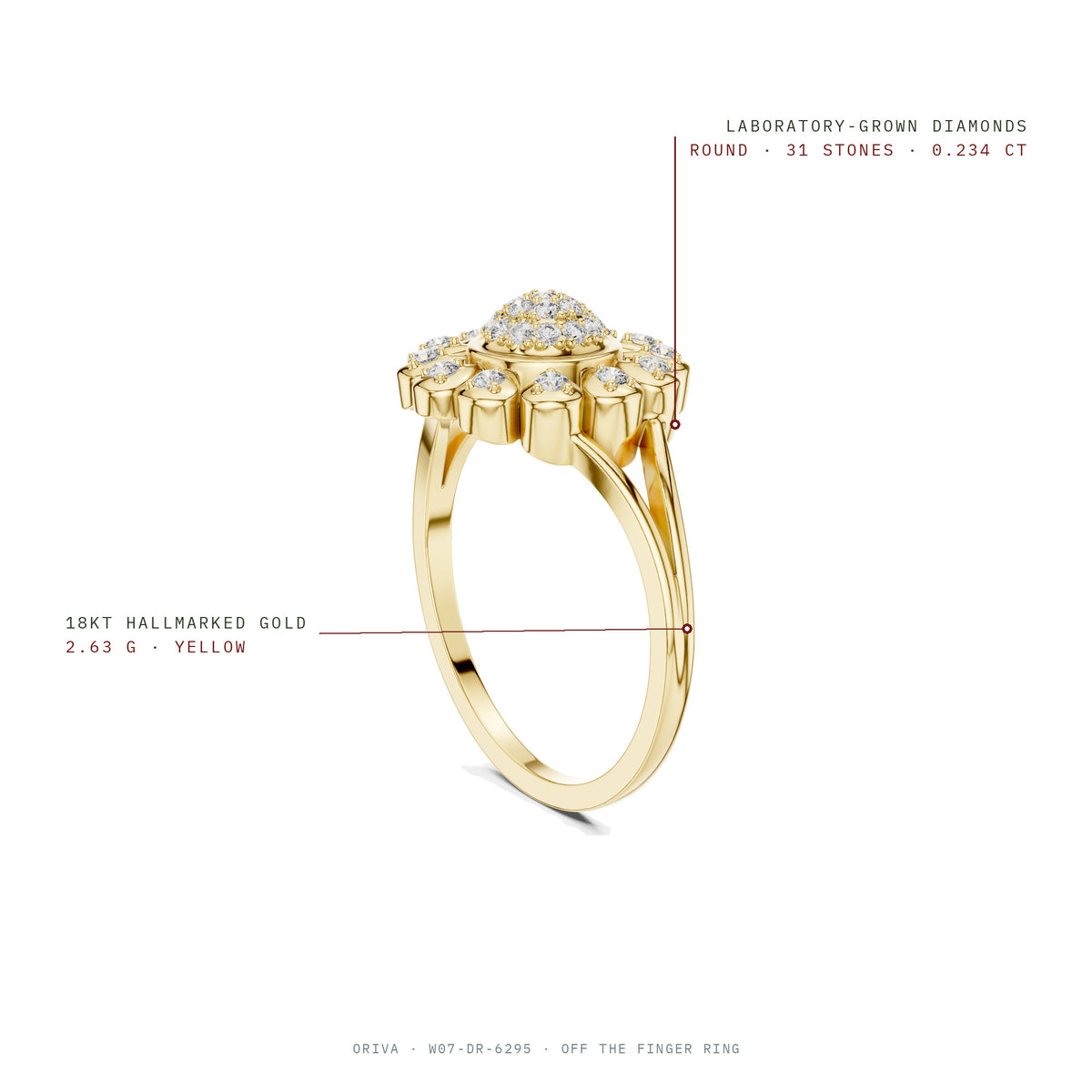 Off The Finger Ring: 31 round laboratory-grown diamonds 0.234 ct, 18KT hallmarked gold 2.63 g
