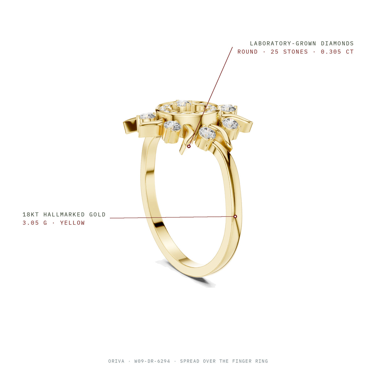 Spread Over The Finger Ring: 25 round laboratory-grown diamonds 0.305 ct, 18KT hallmarked gold 3.05 g